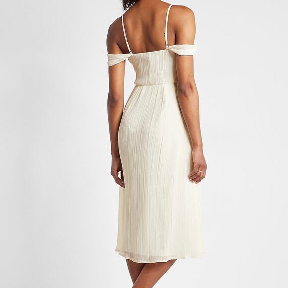 Express Ivory Pleated Chiffon Midi Dress Strappy Peasant Cottagecore Coquette - Picture 5 of 10